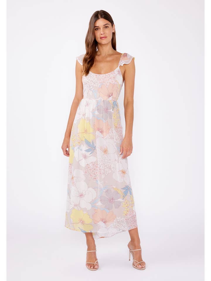 Natural Blue Pastel Floral Flutter Sleeve Tie Back Maxi Dress for wholesale on Faire