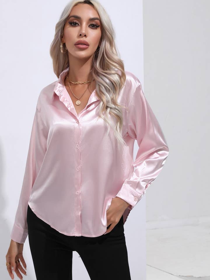 NINEXIS - Wholesale Button Down Shirt - Women's - CWTBLL0690_Button Down Silky Satin Long Sleeve Top28
