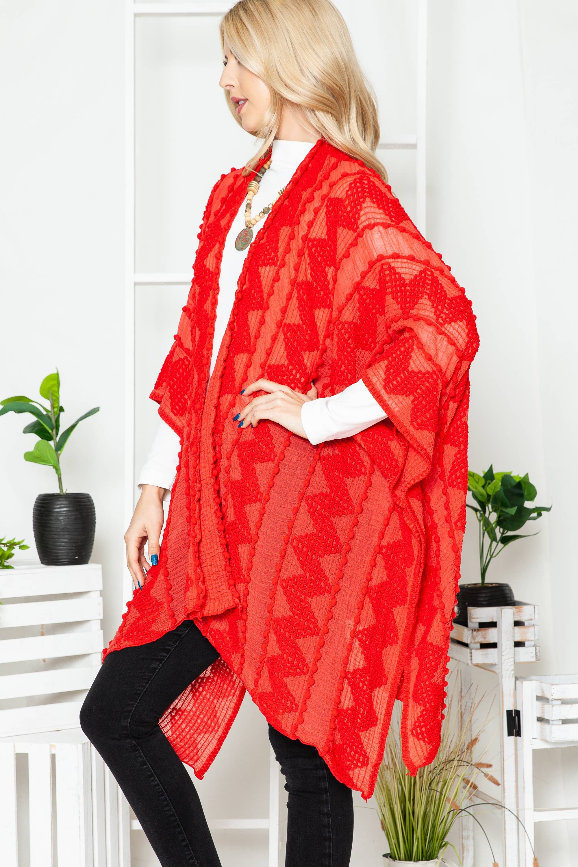 Justin & Taylor - Wholesale Kimono - Women's - Puffer-Up | Soft Textured Cover-Up Kimono With Pom Detail17