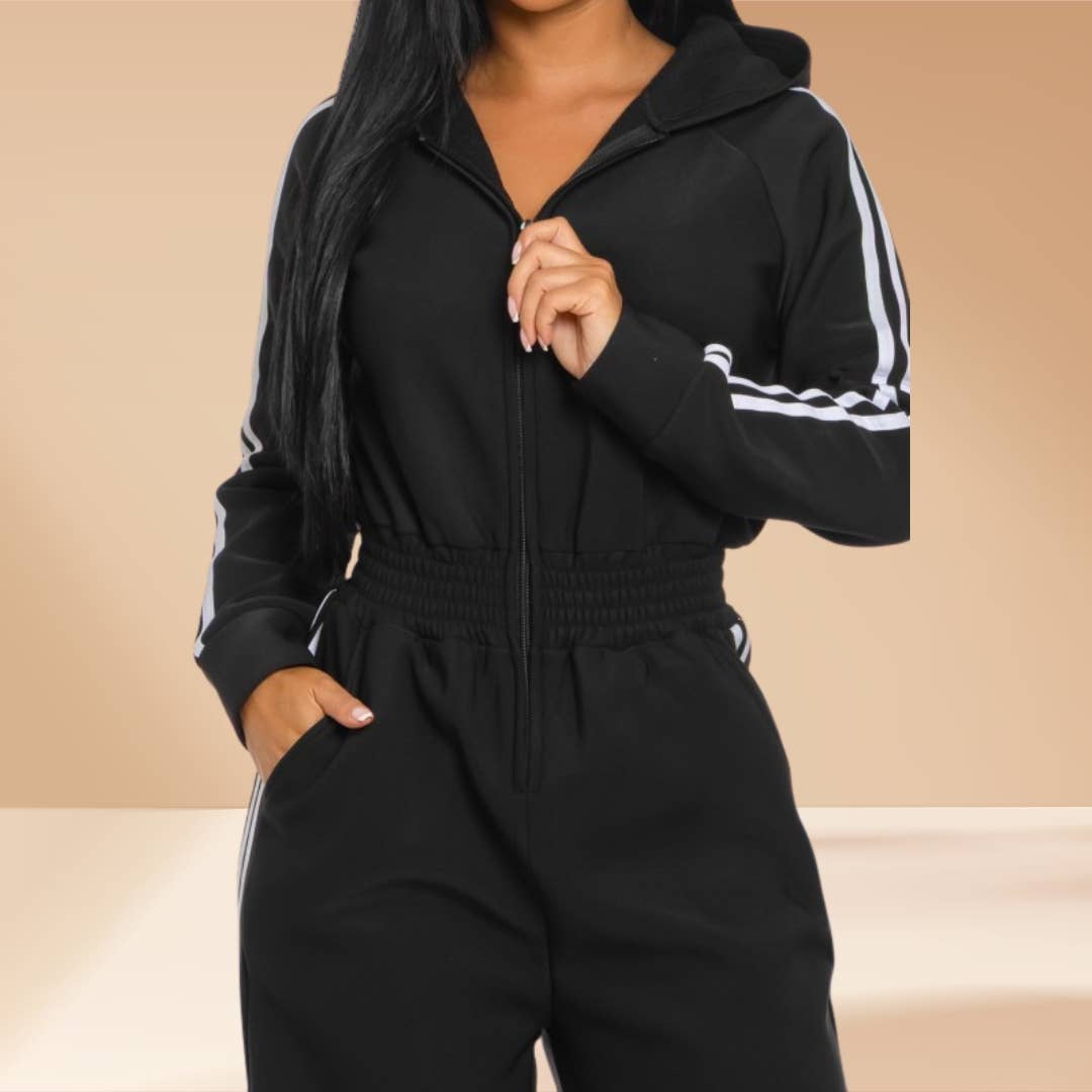 Celystrends - Wholesale Jumpsuit - Women's - Jumpsuit Hooded Lined Fleece Side Stripes 2