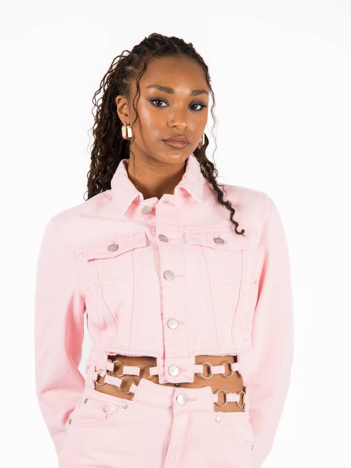Pink Cropped Denim Jacket for wholesale by LIQUOR N POKER
