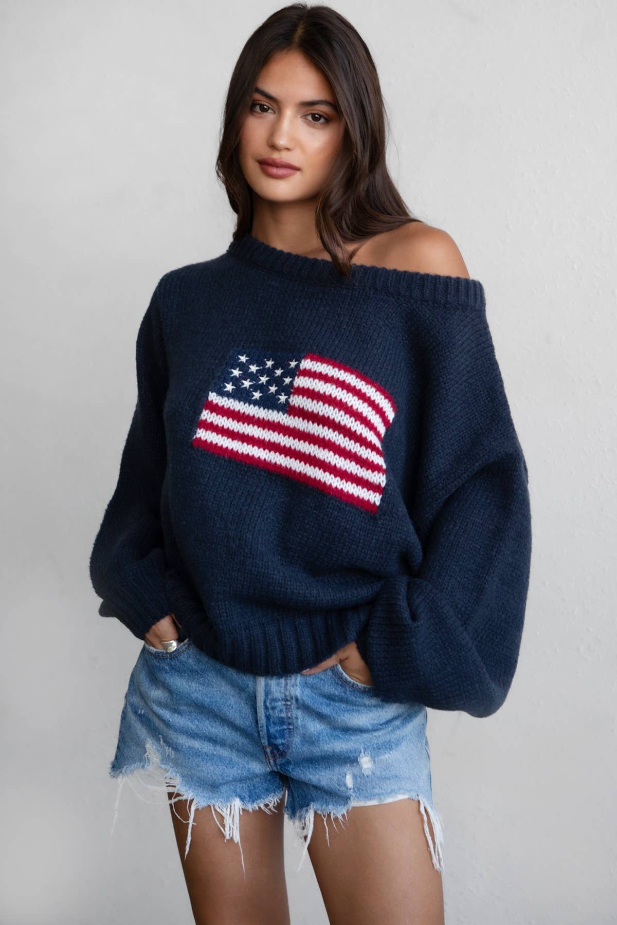 TICTOC - Wholesale Knit Sweater - Women's - BRANDI American Flag Knit Off The Shoulder Lounge Sweater14