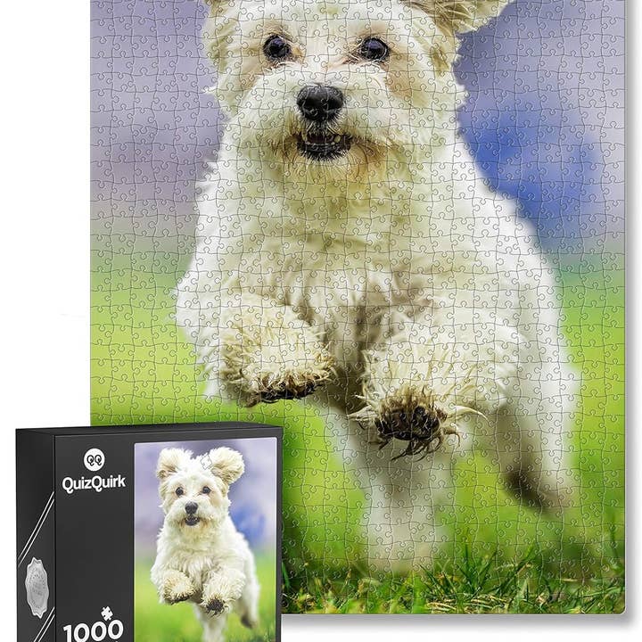 QuizQuirk, puzzle da 1000 pezzi, a forma di cane che salta, per adulti/ragazzi (kit salva-puzzle incluso) per la vendita all'ingrosso da parte di Infinite Basics