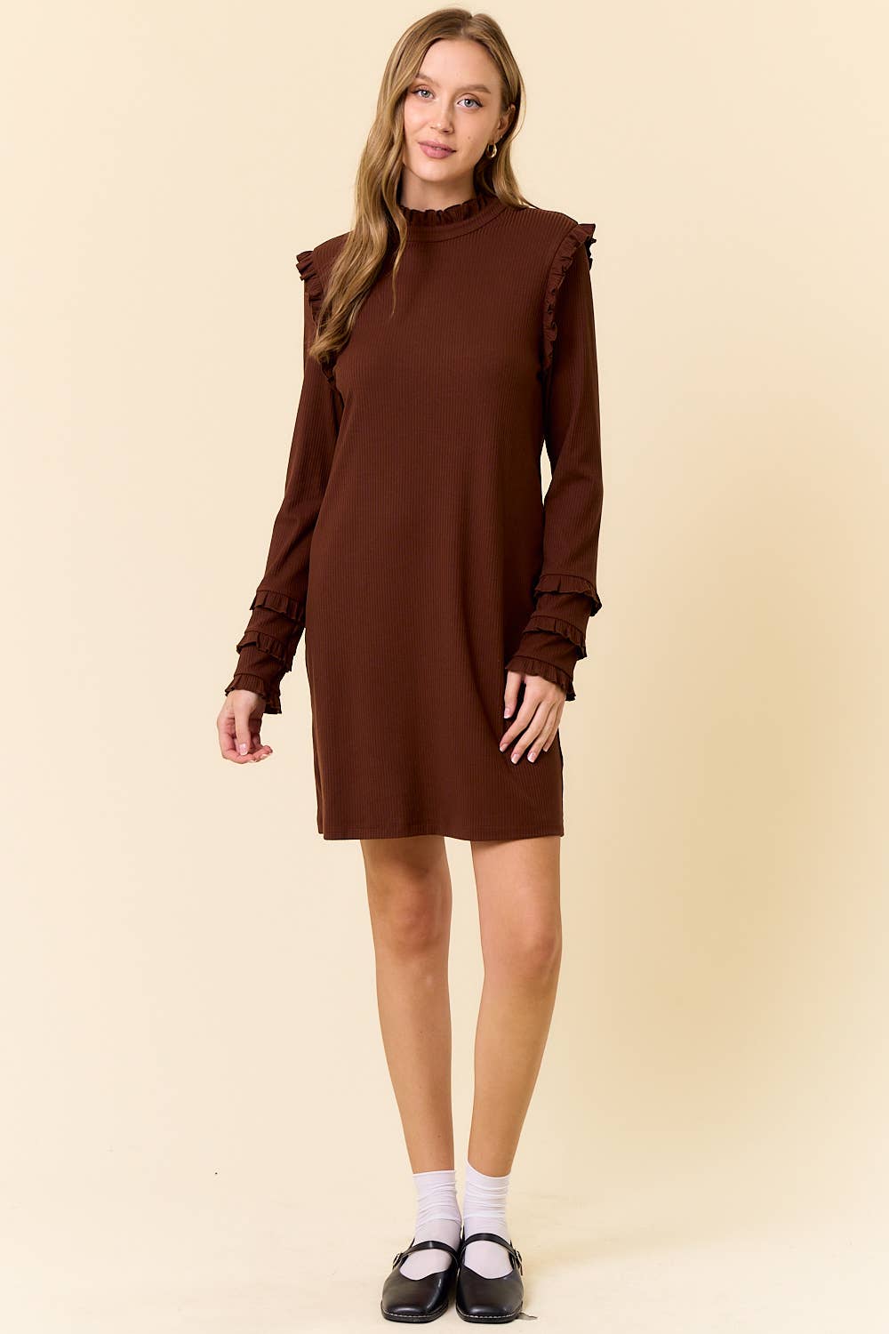 ESPRESSO Rib Knit Ruffled Mock Neck Long Sleeve Mini Dress - 27830D for wholesale on Faire4