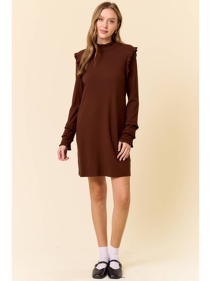 ESPRESSO Rib Knit Ruffled Mock Neck Long Sleeve Mini Dress - 27830D for wholesale on Faire4