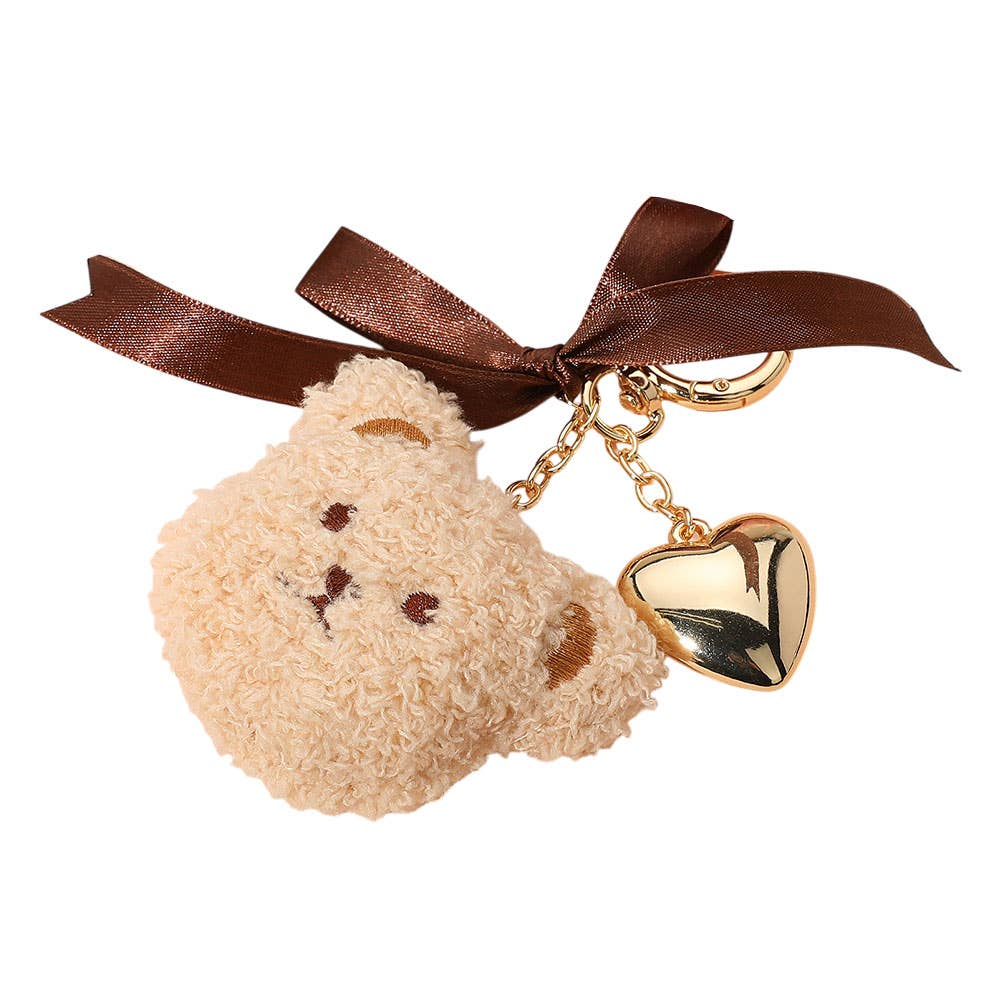 Sensibling Corp. - Wholesale Keychain - Women's - Bow Metal Heart Charm Fluffy Teddy Bear Face Plush Doll Keychain / Bag Charm2