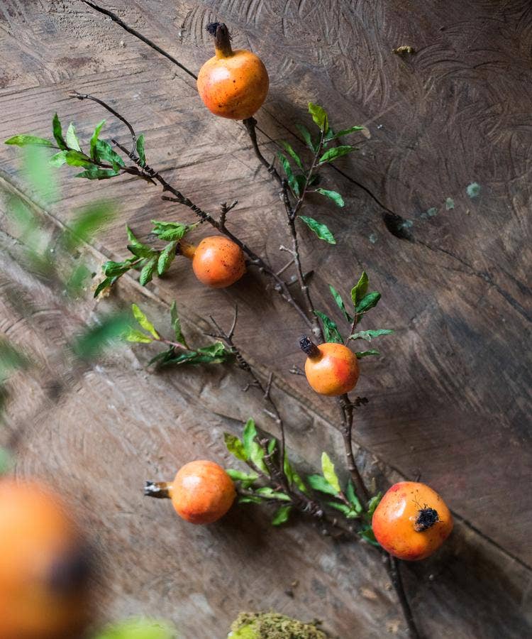 Rustic Reach - Wholesale Artificial Plant - Artificial Fruit Yellow Orange Pomegranate Fruit Stem 36" Ta0