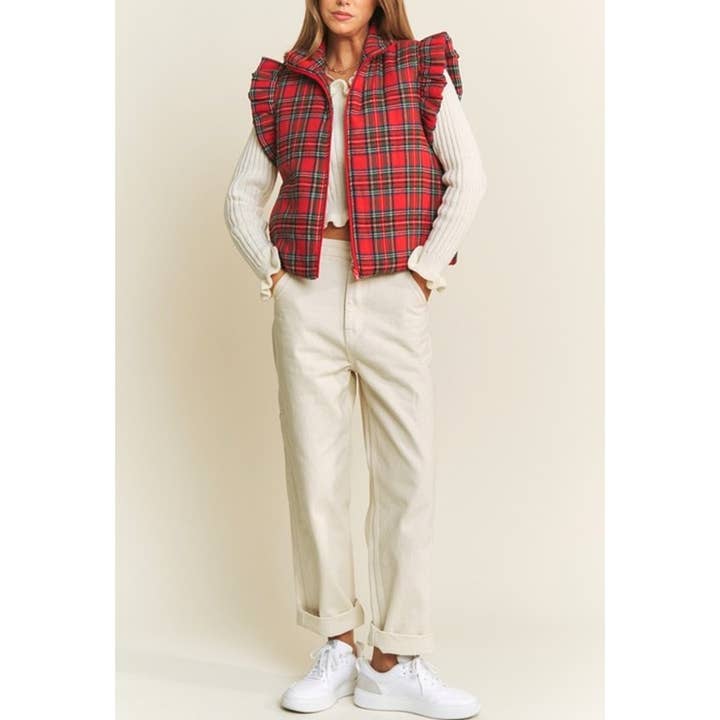 RED 9667 EVERYDAY PLAID PUFF ZIP UP VEST JACKET with ARMHOL for wholesale on Faire11