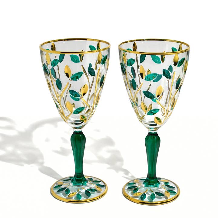 Verres à vin Flowervine vert émeraude et or, ensemble de 2 pour la vente par Via Graceffo