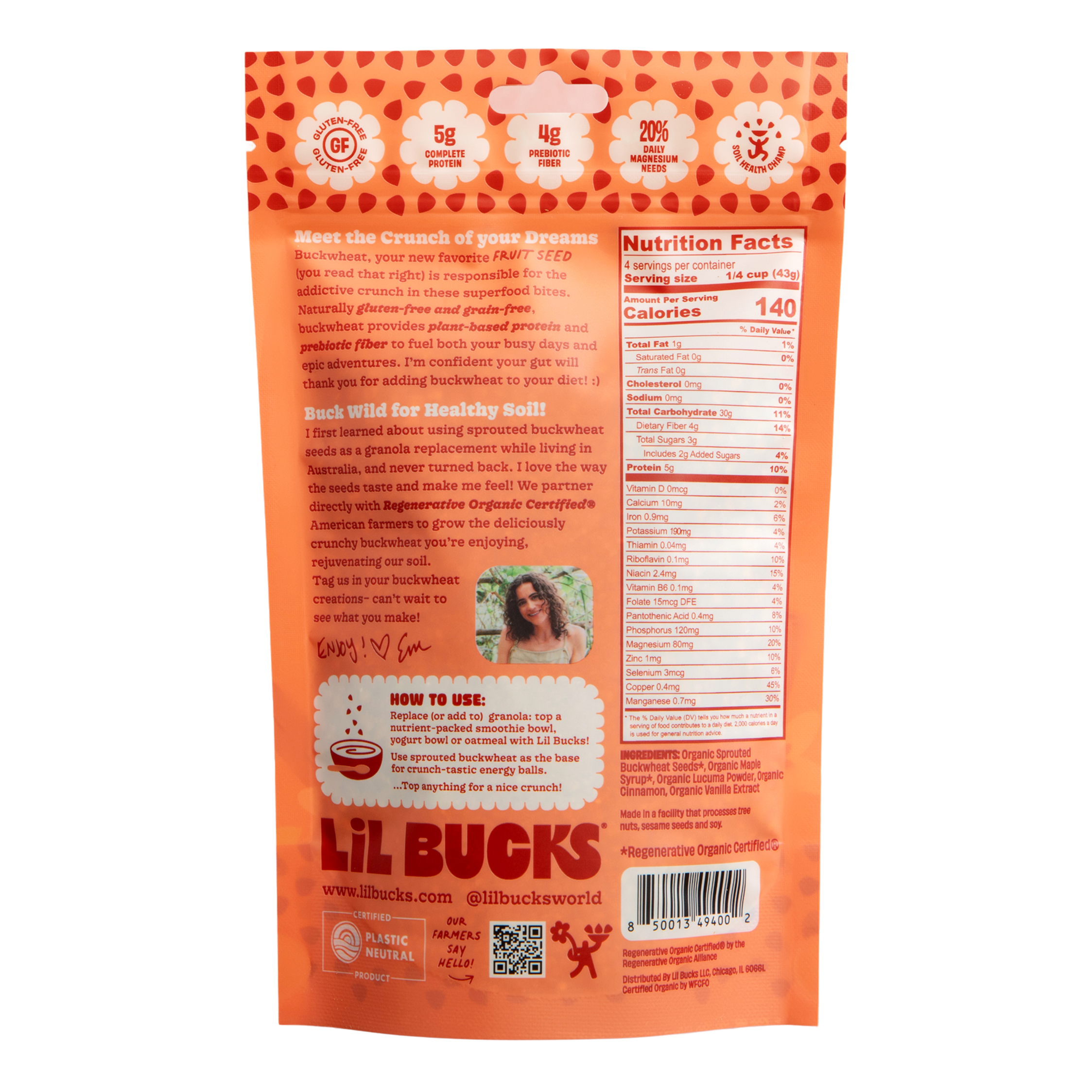 Lil Bucks - Wholesale Protein/Superfood Powder - Cinnamon Lil Bucks Sprouted Crunchy Topper - 6pk1