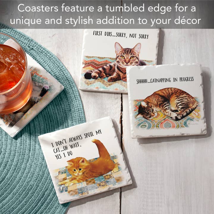 CounterArt/Highland Home/Thirstystone - Wholesale Coasters - Cat Nappy Assorted Image Tumbled Tile Coaster 4 Pack2