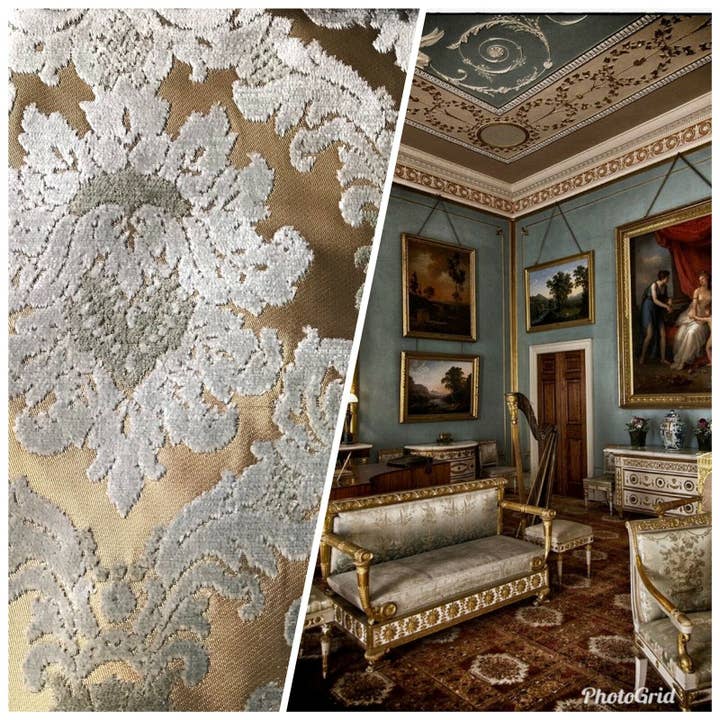 Lady Cecile 1/2 jarda Remnant - Estofamento de tecido italiano Burnout Damask Chenille Blue Bronze por atacado de Fancy Styles Fabric