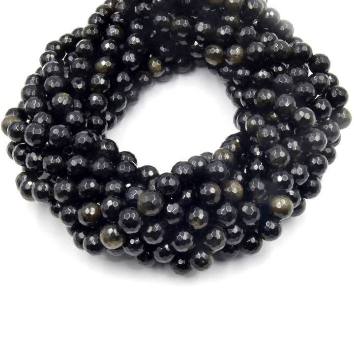 Only Beads - Wholesale Beads - Faceted Golden Obsidian Bead | Gold Sheen Black Round Faceted Finish Gemstone Beads | 4mm 6mm 8mm 10mm 12mm Available