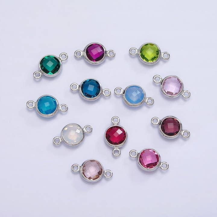 Mini Silver Cubic Zirconia Link Connector Color Faceted Crystal Charm Connector Birthstone Link Connector G-730~G-741 for wholesale by Aim Eternal