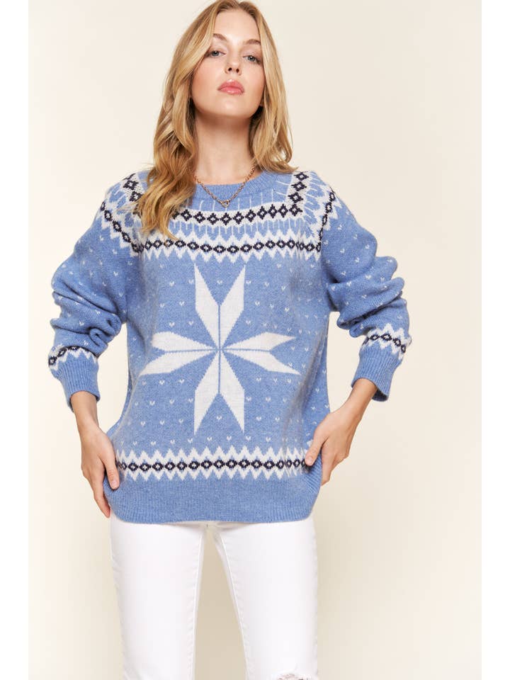 AND THE WHY - Wholesale Knit Sweater - Women's - ATW15229 - Holiday Snowflake Printed Pullover Sweater