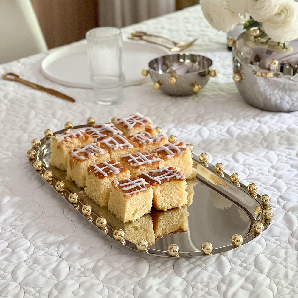 Boker-Tov Shalom - Wholesale Serving Tray - Stainless Steel Tray with Gold Balls2