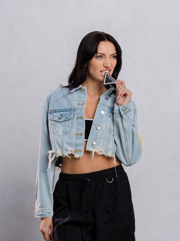 Trio Urban - Vente Veste en jean – femme - Veste courte en jean jaune Smiley Face12