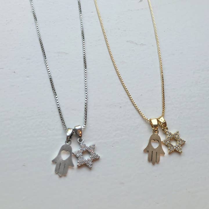 Daphne'Style - Wholesale Pendant/Charm Necklace - Platinum Plated Star of David & Hamsa Handmade Necklace 3