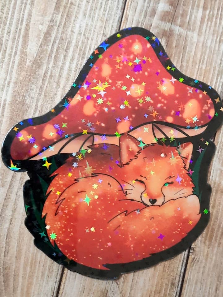 Sleeping Fox Mushroom Sticker, Cottagecore Sticker for wholesale by Unsupervised Art