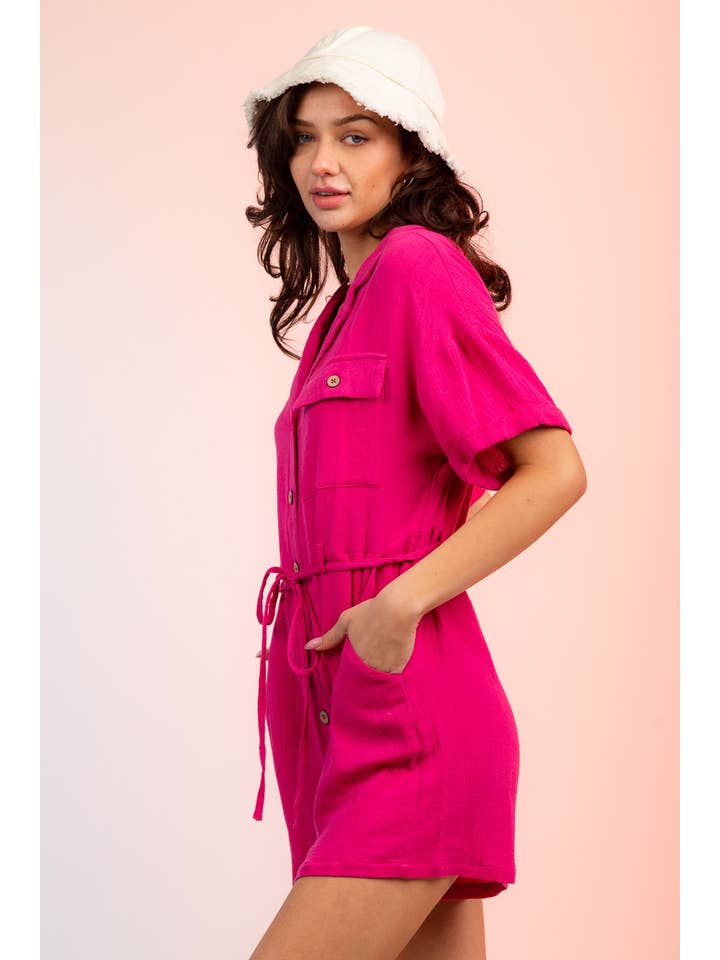 VERY J - Wholesale Romper - Women's - NP70151-Belted Button Down Romper