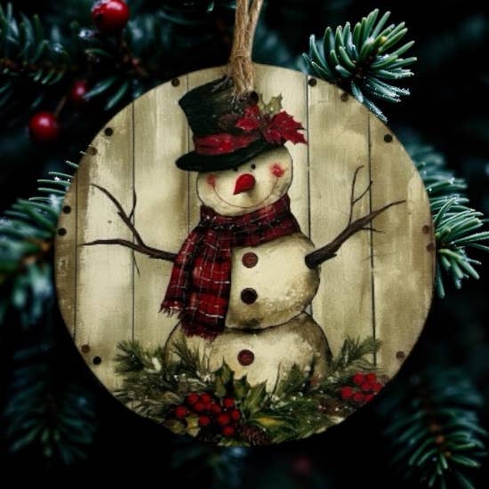 Primitive Snowman - Wood Christmas Ornament Vintage Decor for wholesale by Inkwood Crafters