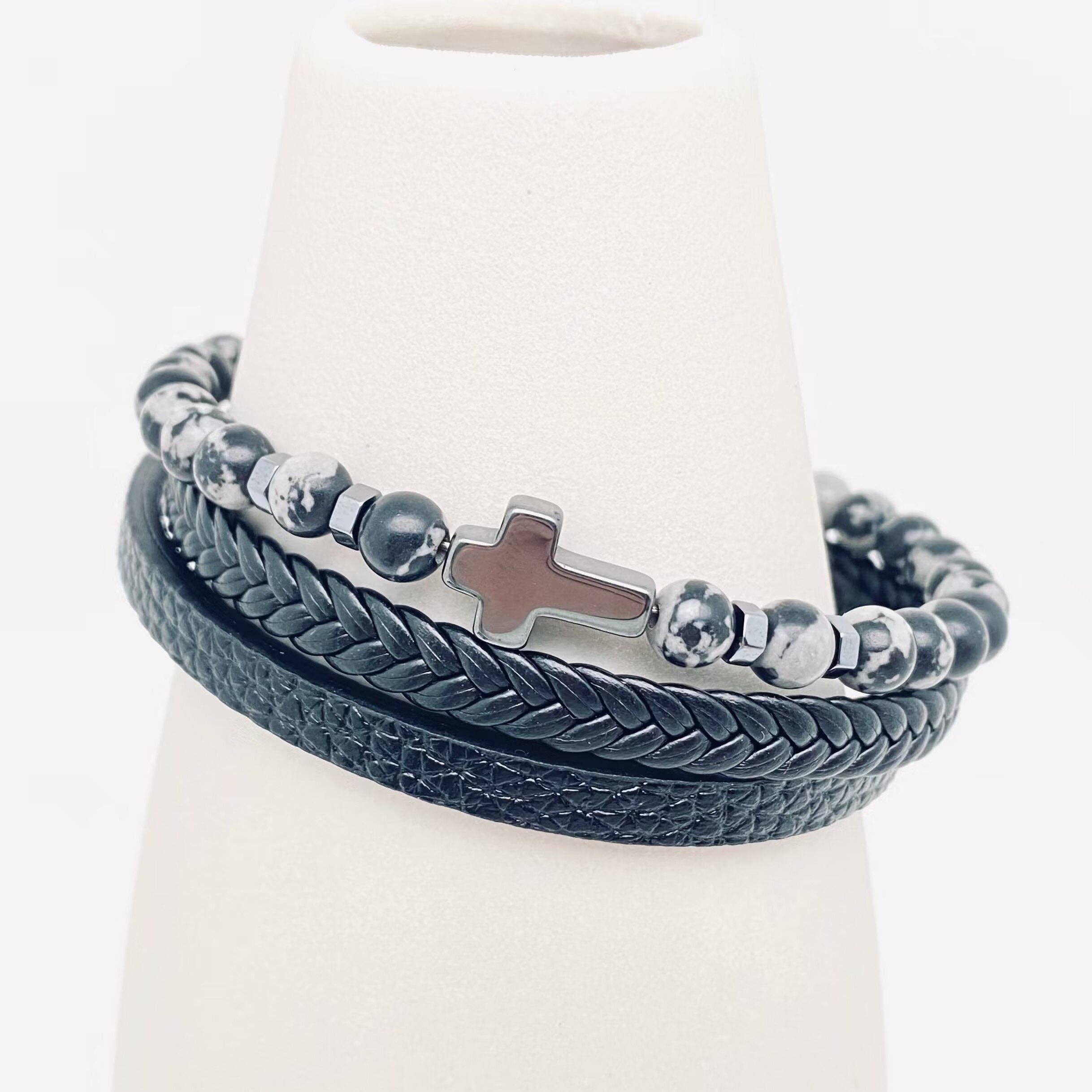 Mio Queena - Vente Bracelet jonc - Bracelet homme en cuir avec croix et perles en pierre naturelle - MJ/BC5