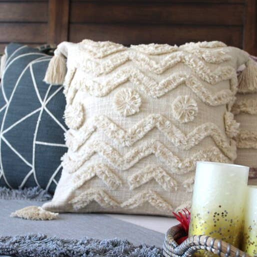 Ivory Boho Pompom Dots Throw Pillow Cover for wholesale by Kozify Decor Inc