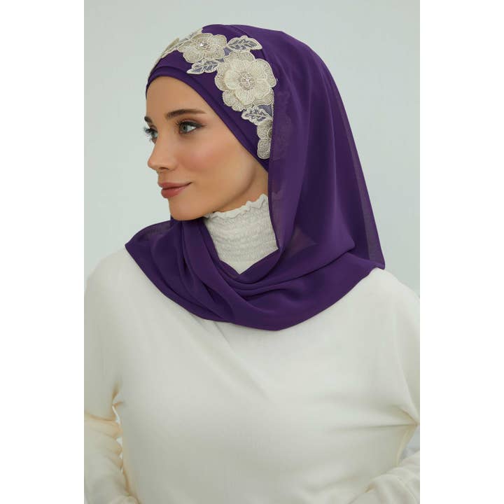 Aisha's Design - Wholesale Hijab – Women’s - Luxury Instant Chiffon Hijab with Floral Lace, Ready-to-Wear Chiffon Hijab with Embroidered Flowers,CPS-10110