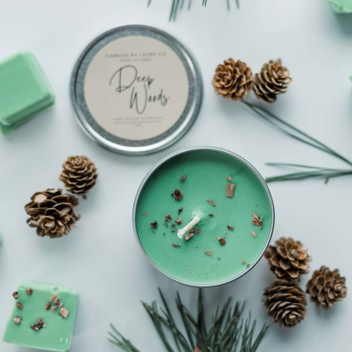 Deep Woods 8 oz Soy Gift Tin for wholesale by Candles By Laura