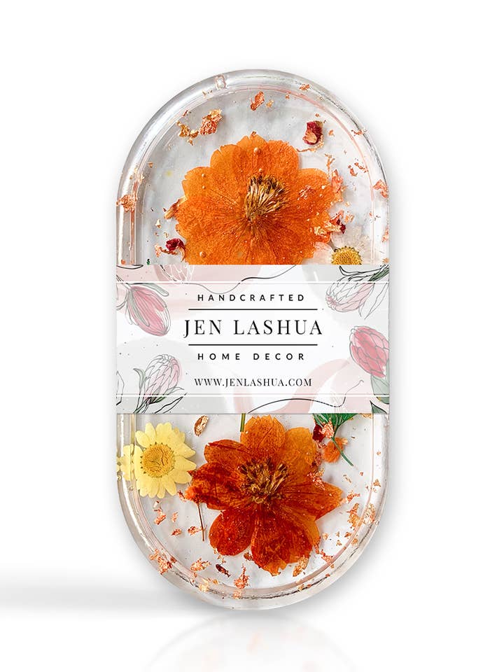 Trinket Dish | Handmade | Clear w/ Orange & Yellow Flowers for wholesale by Jen Lashua | Home Decor & Gifts