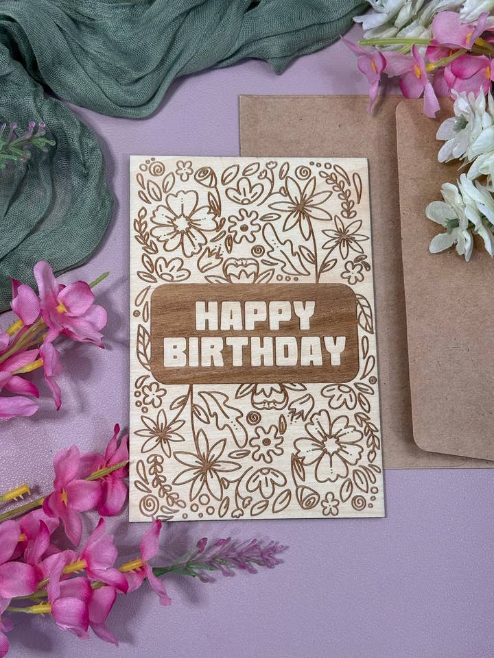 Happy Birthday Wood Card| Floral Unique Greeting Card for wholesale by Wonders and Things