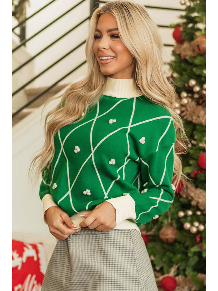 Dark Green Christmas Geometric Diamond Pom Long Sleeve Sweater for wholesale on Faire2