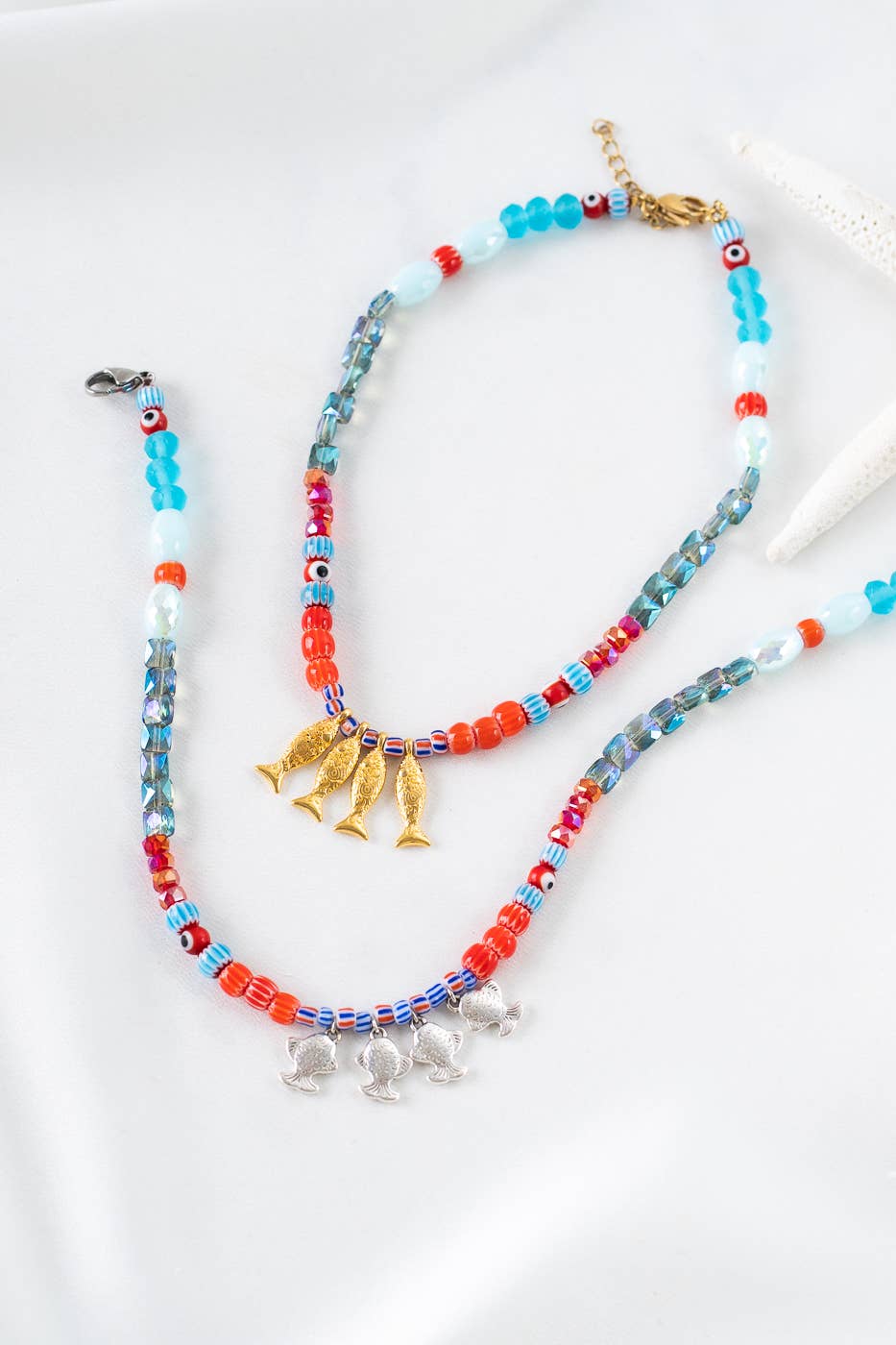Goupi - Wholesale Beaded/Pearl Necklace - Fish beaded necklace in Greek islands colors2