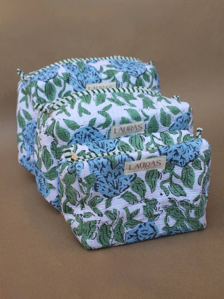 Bluebell Cosmetic Trio-100% COTTON QUILTED BAGS for wholesale by Laura’s Little Lovelies