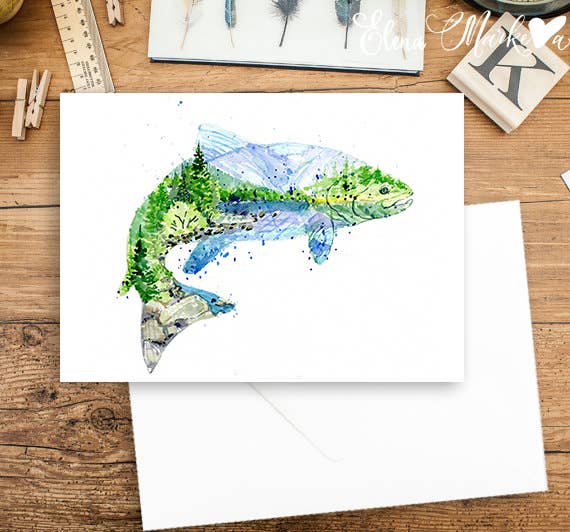 Elena Markelova Arts - Wholesale Everyday Greeting Card - Steelhead Salmon Watercolor Fish Lake Art Card1