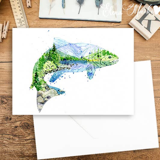 Elena Markelova Arts - Wholesale Everyday Greeting Card - Steelhead Salmon Watercolor Fish Lake Art Card1