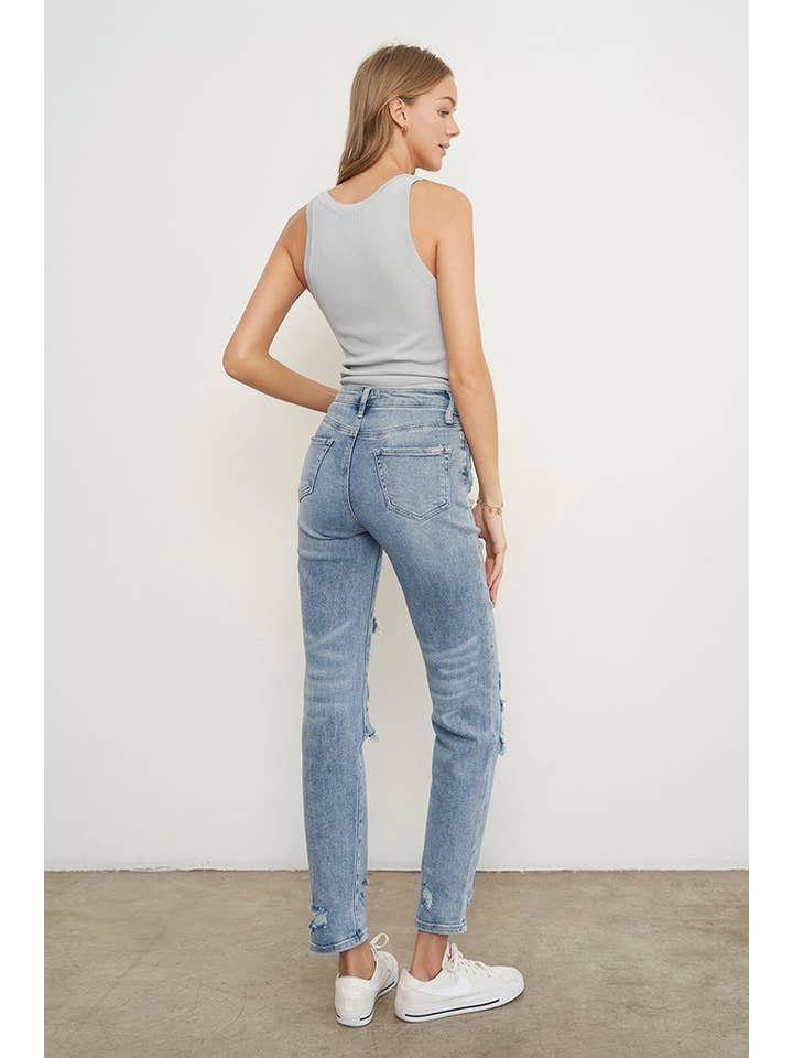 Insane Gene USA - Vendita all'ingrosso Jeans - Donna - Jeans alla caviglia girlfriend a vita media strappati - Lavaggio chiaro