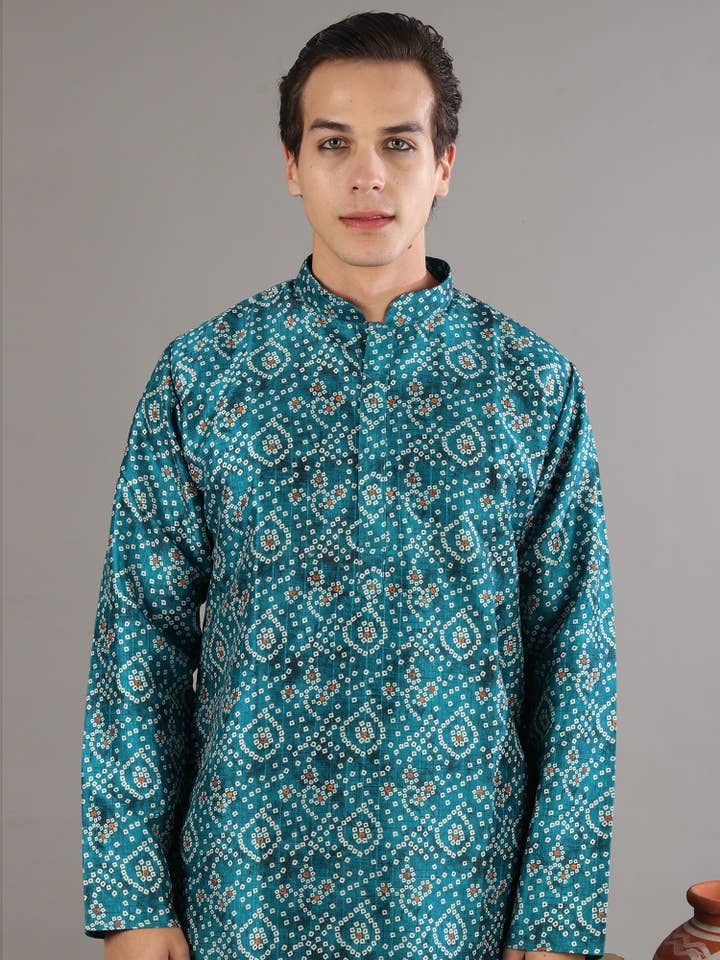 Exotic India Art – wholesale Suit set – men's – Bandhani Print Cotton Silk Mandarin Collar Kurta-Pajama Set14