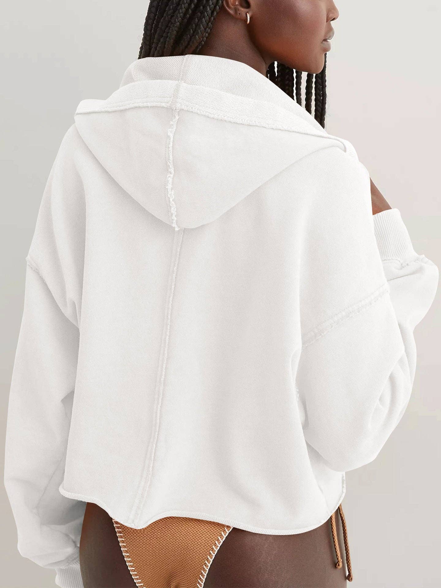 Suhkasana - Vente Sweat à capuche – femme - Pull décontracté beige à capuche, col en V, manches longues, coupe ample.26