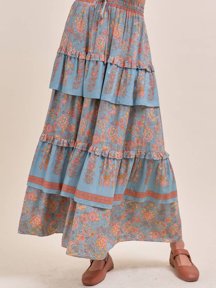 &MERCI - Wholesale Skirt - Women's - RUFFLE TIERED BORDER PRINT MIDI SKIRT MSK41669