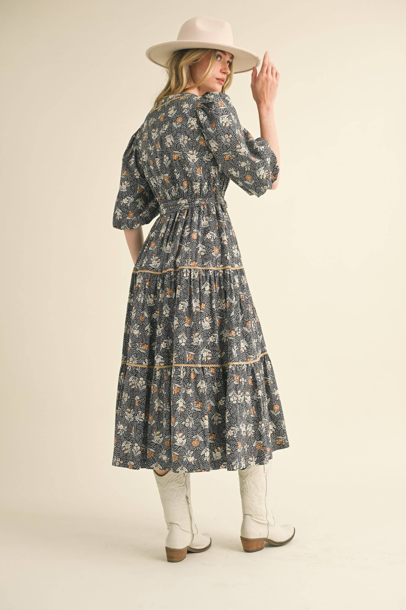 &MERCI - Wholesale Dress - Women's - BUBBLE SLEEVE LACE TRIM MIDI DRESS MDR343013