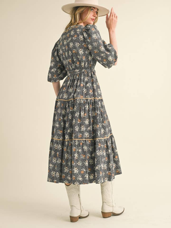 &MERCI - Wholesale Dress - Women's - BUBBLE SLEEVE LACE TRIM MIDI DRESS MDR343013