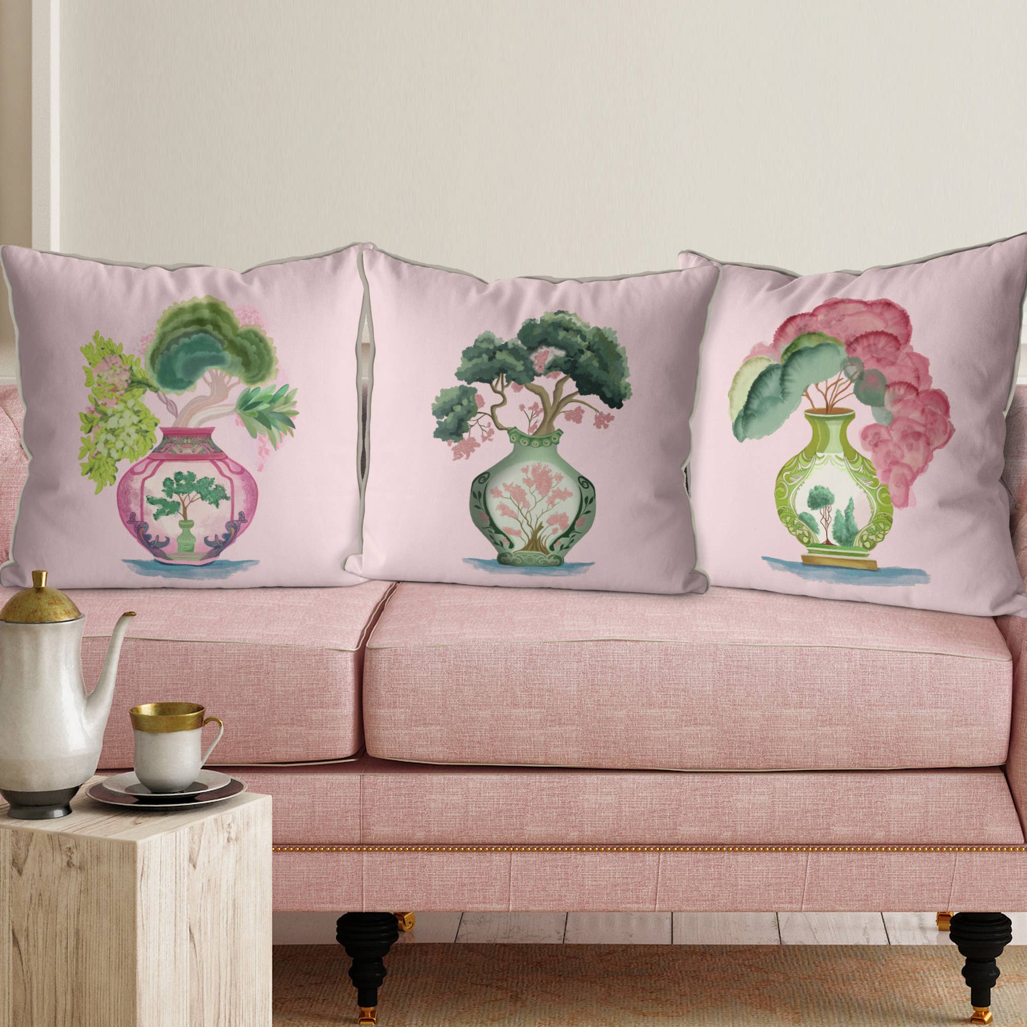 FabFunky Ltd – Almofada decorativa/de sofá por atacado – Vaso Verde Rosa 3 Almofada Chinoiserie ou Almofada exterior3