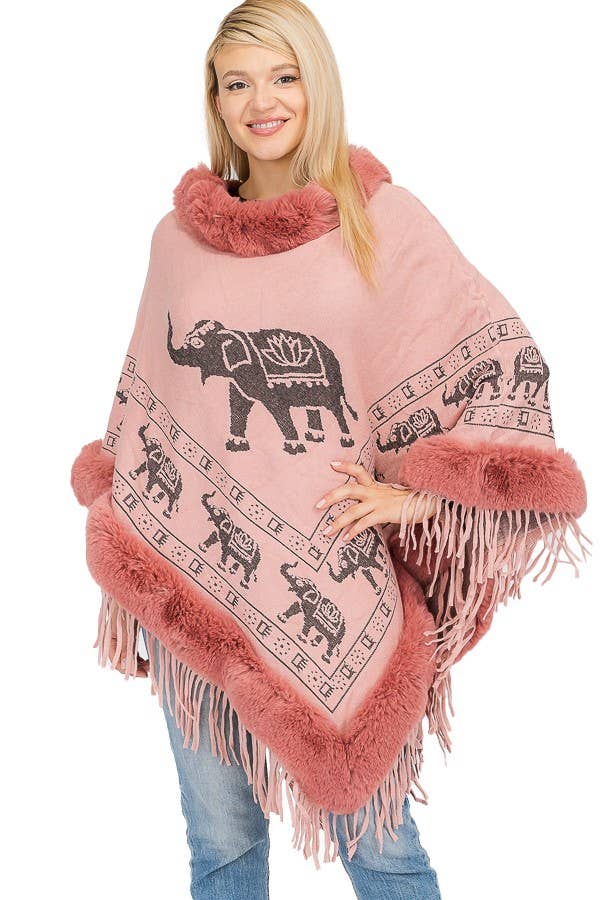 Cap Zone - Wholesale Poncho - Women's - Lucky Elephant Printed Fur Neckline Soft Cozy Poncho3