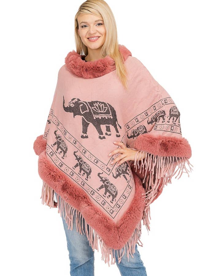 Cap Zone - Wholesale Poncho - Women's - Lucky Elephant Printed Fur Neckline Soft Cozy Poncho3