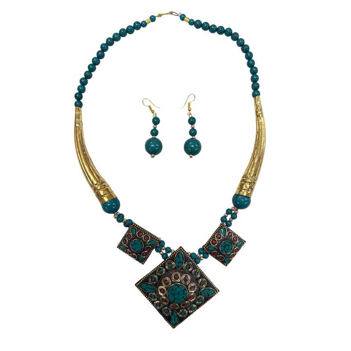 Beaded Statement Mosaic Necklace and Earrings Set for wholesale by Treasure Jewelry