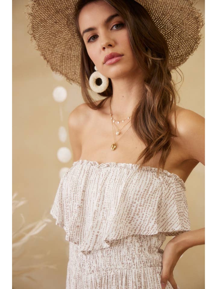 IVORY COCO JR6481 BREEZY PRINT STRAPLESS RUFFLE JUMPSUIT for wholesale on Faire