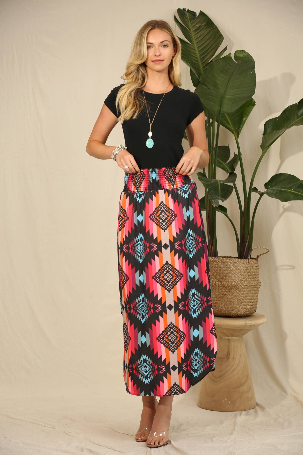 BLACK HOT PINK AV1213-ALANA AZTEC PRINT SMOCK WAIST MAXI SKIRT for wholesale on Faire2