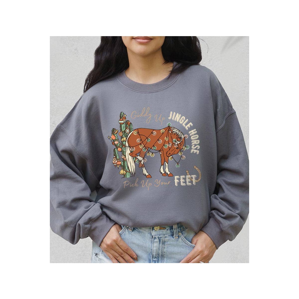 COLORBEAR – Engroshandel Grafisk Sweatshirt - Dame – Giddy Up Jingle Horse jule-unisex sweatshirt med fleece2