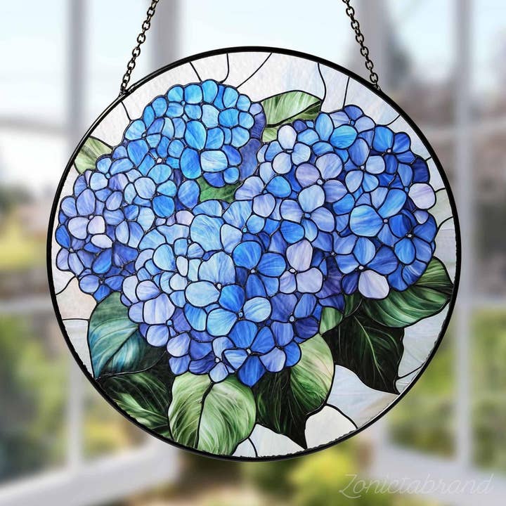 Blue Hydrangea Stained Glass Suncatcher, Floral Art Decor for wholesale by TMLECOM LTD